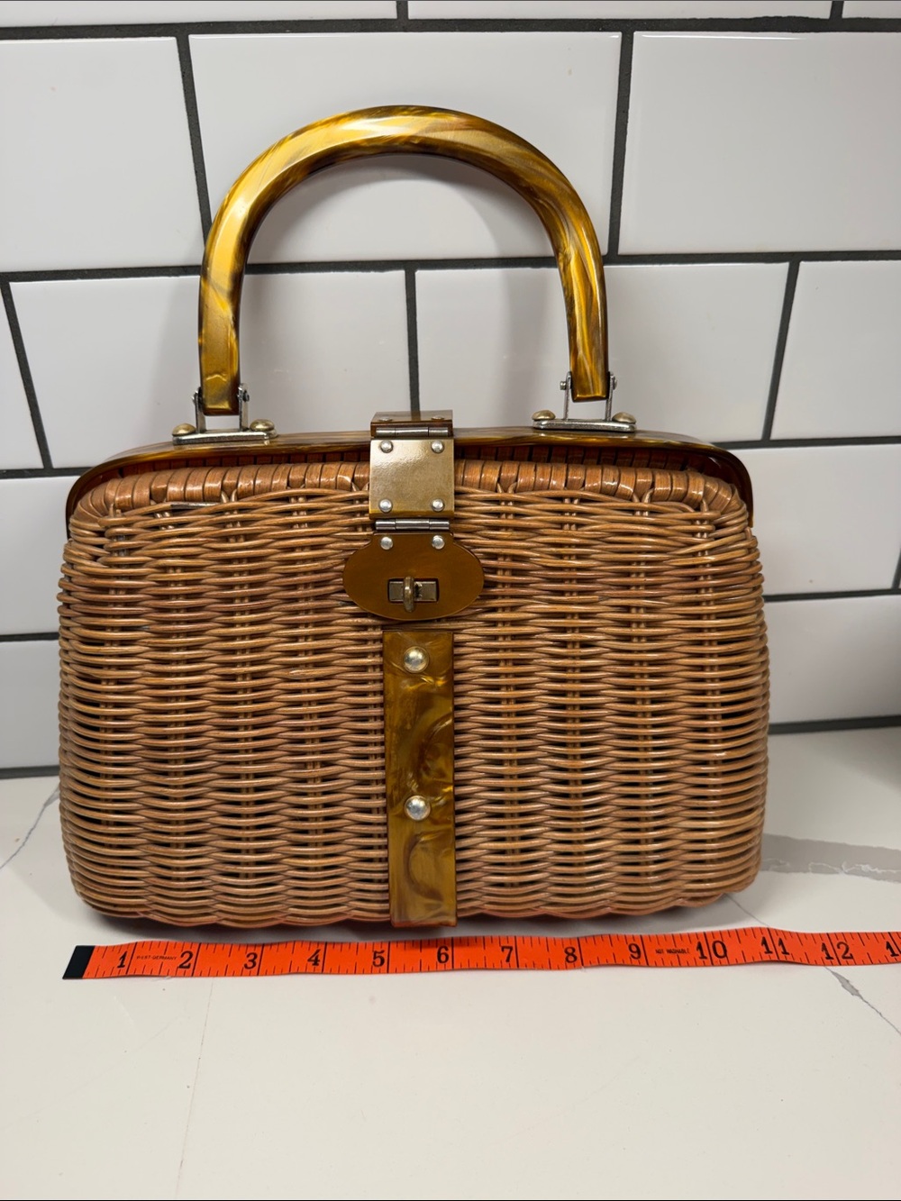 Wicker or Rattan purse with Tortoiseshell Accents vintage Japan